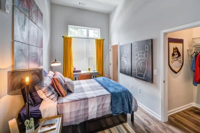 Bed desk lamp art wall closet bedroom at Proximity At 10th in Greenville Student Accommodation