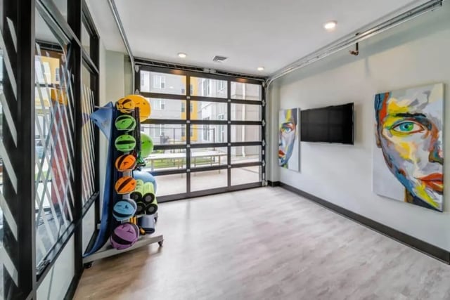 Fitness equipment storage rack with colorful balls and mats recreation area at Proximity At 10th in Greenville Student Accommodation