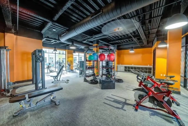 Gym with exercise equipment and weights gym area at Proximity At 10th in Greenville Student Accommodation