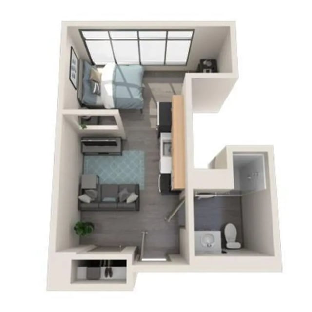 Bed sofa kitchen and bathroom layout floor plan at University Center in Chicago Student Accommodation
