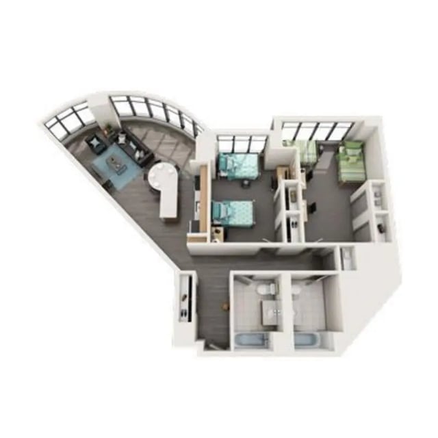 Living room kitchen two bedrooms two bathrooms floor plan at University Center in Chicago Student Accommodation