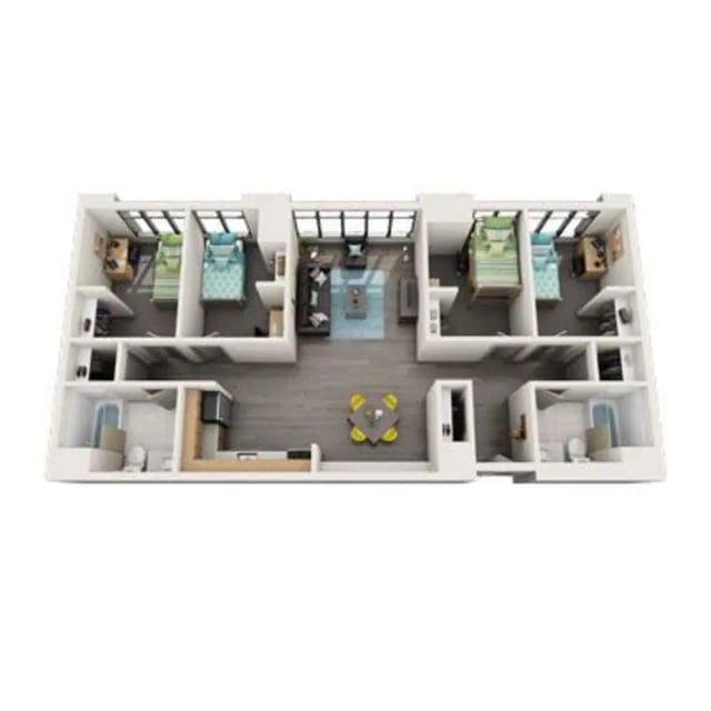 Four bedrooms living area kitchen bathrooms floor plan at University Center in Chicago Student Accommodation