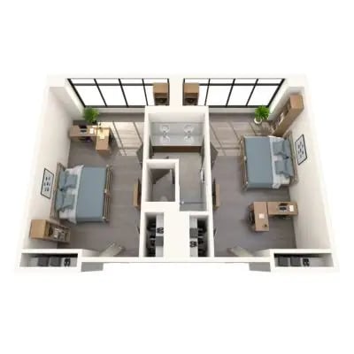 Two beds desks storage shared bathroom Bedroom layout at University Center in Chicago Student Accommodation