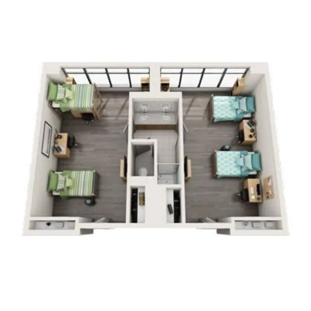 Four beds desks and a bathroom student apartment exterior at University Center in Chicago Student Accommodation