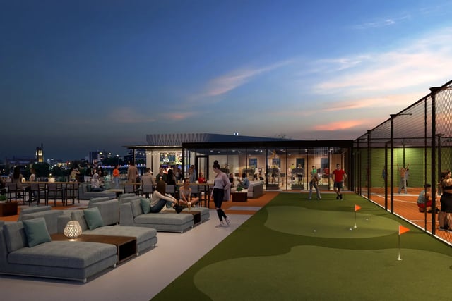 Rooftop lounge golf court and city view exterior at Villas Knoxville in Knoxville Student Accommodation