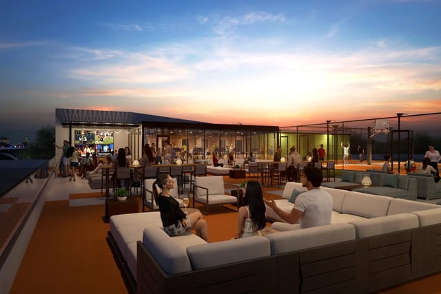 Rooftop lounge seating and playing area exterior at Villas Knoxville in Knoxville Student Accommodation