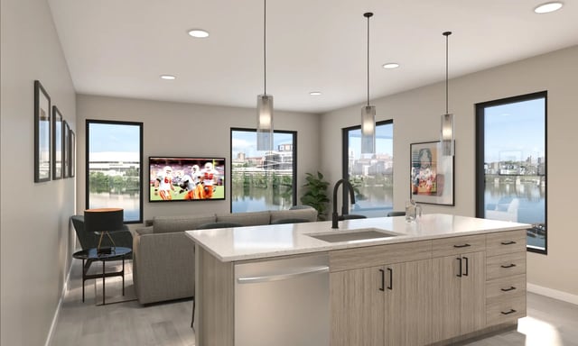 Kitchen island sofa television river view living room at Villas Knoxville in Knoxville Student Accommodation