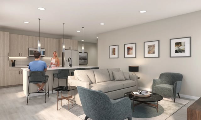 Modern kitchen and living area with sofa living room at Villas Knoxville in Knoxville Student Accommodation
