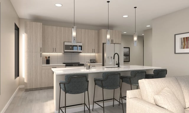 Modern kitchen with island seating and sofa kitchen at Villas Knoxville in Knoxville Student Accommodation