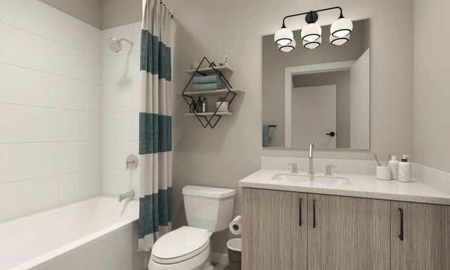 Tub toilet vanity shelves and shower bathroom at Villas Knoxville in Knoxville Student Accommodation