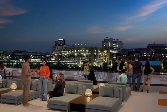 Rooftop seating area with stadium view exterior at Villas Knoxville in Knoxville Student Accommodation