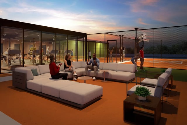 Sofa gym court basketball players exterior at Villas Knoxville in Knoxville Student Accommodation