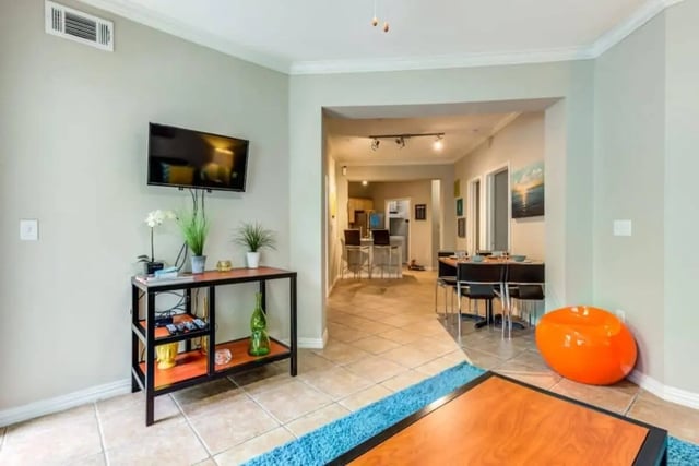TV and console with plants living room at Villas On Guadalupe in Austin Student Accommodation