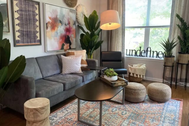 Gray couch abstract art plants floor lamp poufs living room at The Pavilion at North Grounds Apartments in Charlottesville Student Accommodation