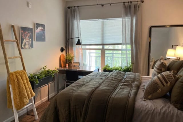 Bed ladder art plants desk mirror bedroom at The Pavilion at North Grounds Apartments in Charlottesville Student Accommodation