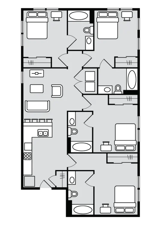 Four bedrooms living area kitchen floor plan at 44 North in Minneapolis Student Accommodation
