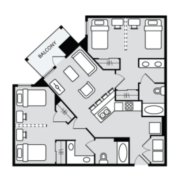 Four bedrooms living area balcony bathrooms apartment layout at 44 North in Minneapolis Student Accommodation