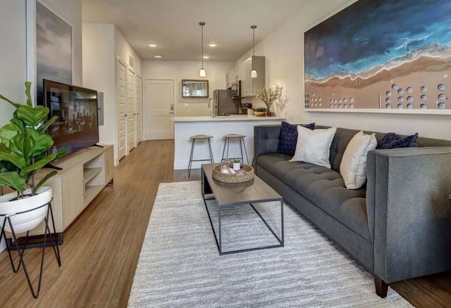 Sofa coffee table TV plant kitchen island living room at The Lyndon in San Marcos Student Accommodation