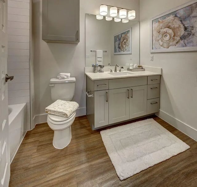 Toilet vanity with sink and bath tub bathroom at The Lyndon in San Marcos Student Accommodation