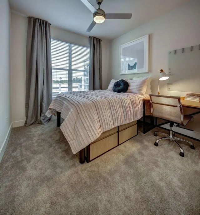 Bed desk and chair with drawers bedroom at The Lyndon in San Marcos Student Accommodation