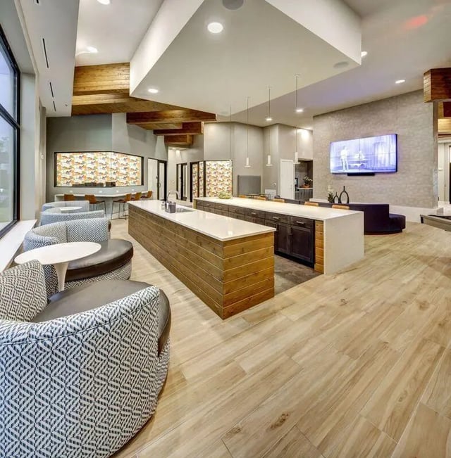 Kitchen island seating area living room lounge at The Lyndon in San Marcos Student Accommodation
