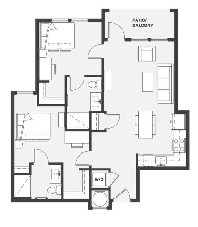 Two bedrooms living area kitchen patio floor plan at Aero on 24th in Gainesville Student Accommodation