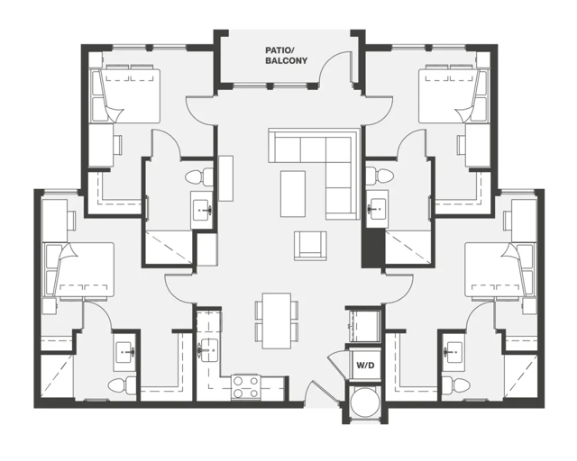 Four bedrooms living room kitchen and patio floor plan at Aero on 24th in Gainesville Student Accommodation