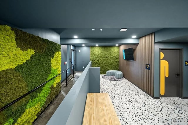 Moss wall bench TV and seating area lobby at The Hive in Atlanta Student Accommodation