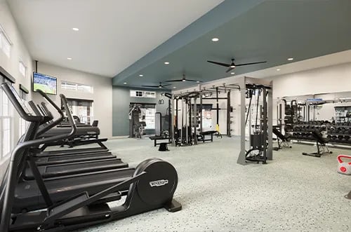 Treadmills weight racks and cable machines gym at Latitude Lexington in Lexington Student Accommodation