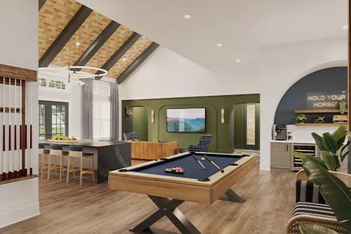 Pool table kitchen bar and seating area living room at Latitude Lexington in Lexington Student Accommodation