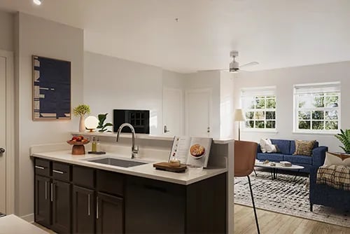 Kitchen with dark cabinets and sink living room living room at Latitude Lexington in Lexington Student Accommodation