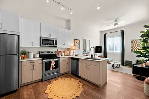 Modern kitchen with stainless steel appliances and living area kitchen at Nine 31 Apartments in Gainesville Student Accommodation