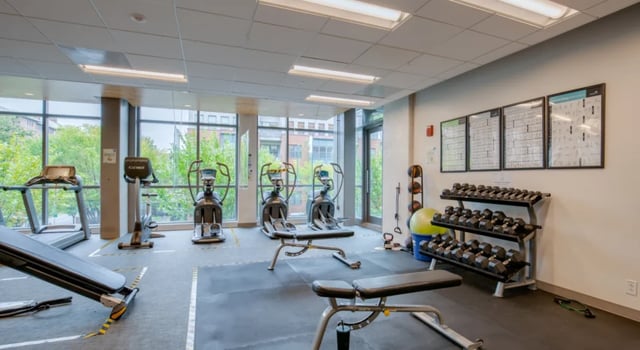 Treadmills ellipticals benches and dumbbells gym at Nine East 33rd Apartments in Baltimore Student Accommodation