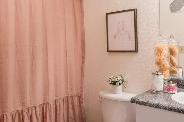 Pink ruffled shower curtain toilet decor and sponges Bathroom at The Holly in Lubbock Student Accommodation