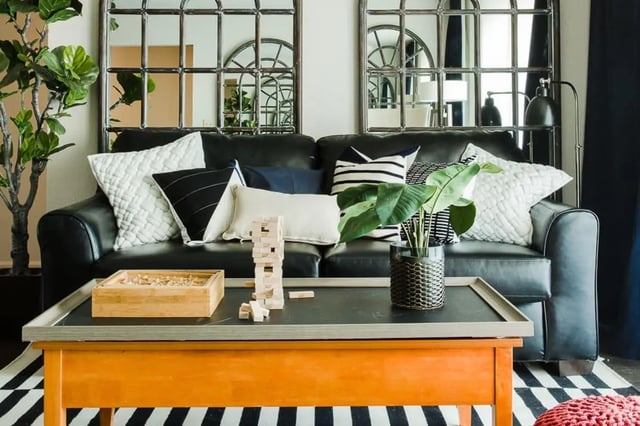 Black sofa pillows Jenga plant living room at The Holly in Lubbock Student Accommodation