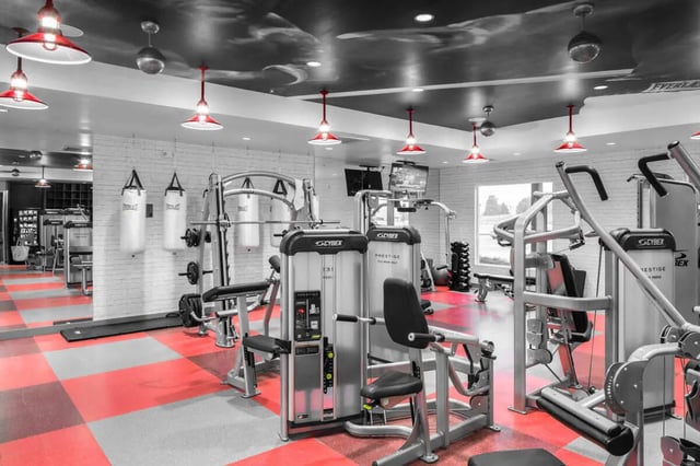 Gym equipment punching bags and weight machines Fitness area at The Holly in Lubbock Student Accommodation