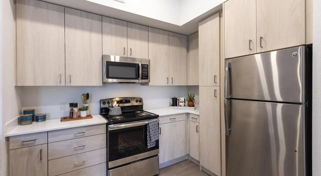 Stainless steel appliances and light wood cabinets kitchen at Sterling 5th Street in Davis Student Accommodation