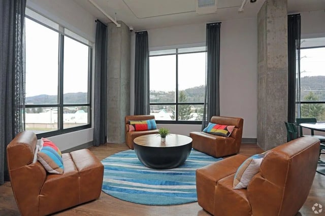 Leather chairs round coffee table striped rug living room at The Finmore at 241 in Boone Student Accommodation