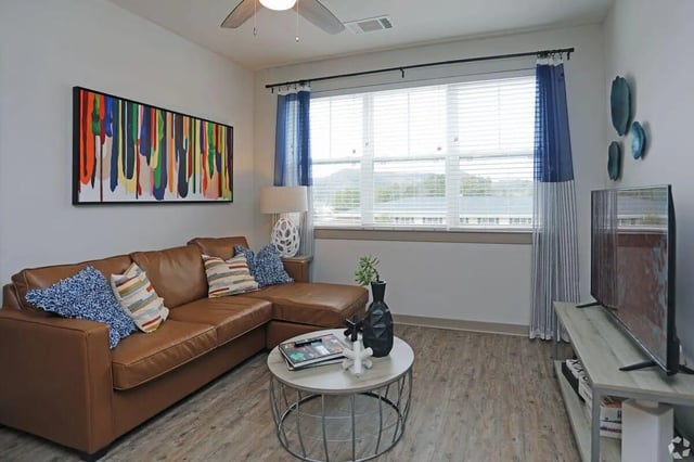 Brown sectional sofa colorful art TV living room at The Finmore at 241 in Boone Student Accommodation