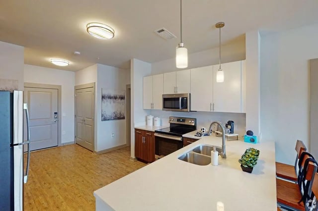 Modern kitchen with white cabinets stainless steel appliances and island kitchen at The Finmore at 241 in Boone Student Accommodation