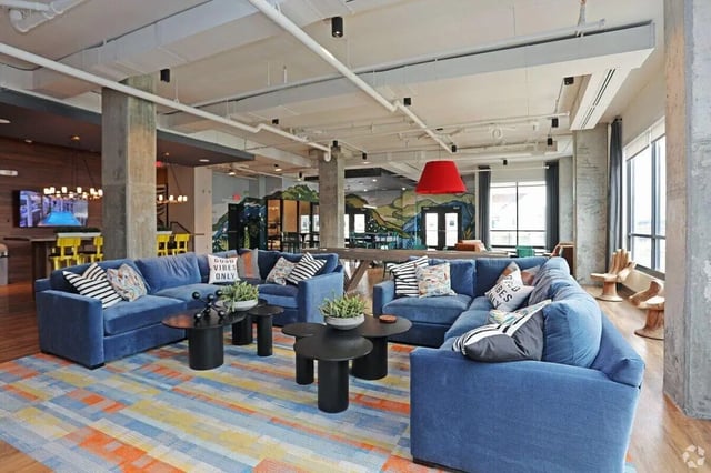 Blue couches black tables colorful rug living room at The Finmore at 241 in Boone Student Accommodation