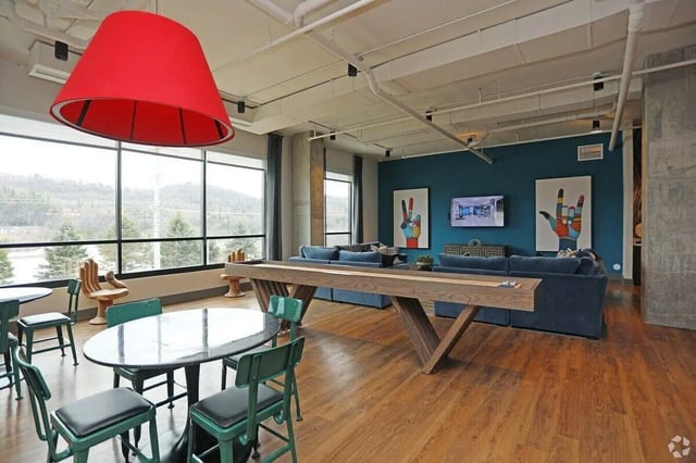Shuffleboard table sofas art TV living room at The Finmore at 241 in Boone Student Accommodation