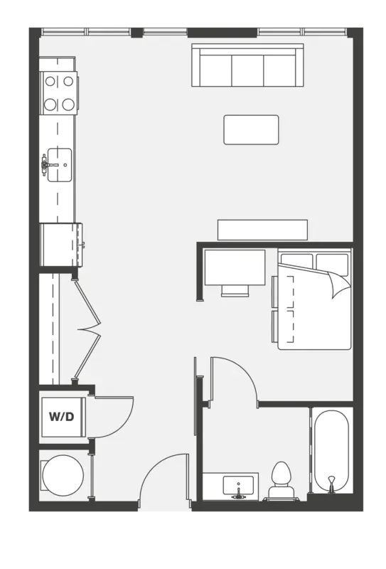 Studio layout with kitchen bed and bathroom at Altus Towson Row in Towson Student Accommodation