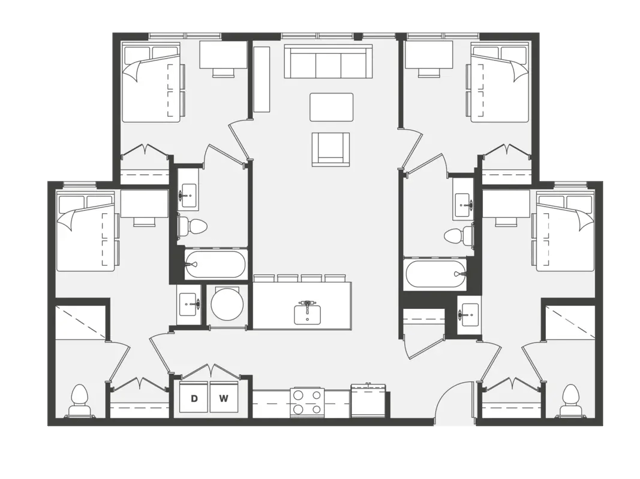 Four beds living area kitchen bathrooms floor plan at Altus Towson Row in Towson Student Accommodation