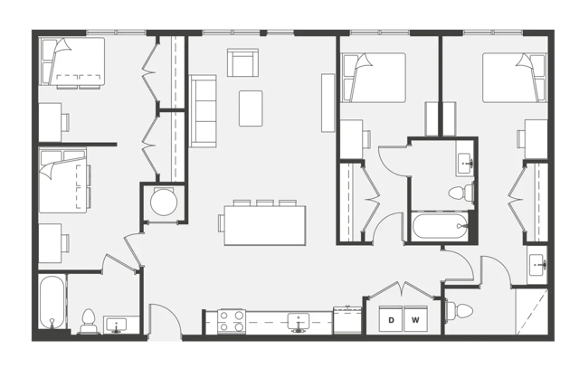 Four bedrooms living area kitchen bathrooms floor plan at Altus Towson Row in Towson Student Accommodation