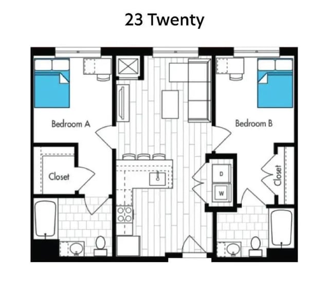 Two bedrooms living kitchen bathroom floor plan at BlockONE in Ames Student Accommodation