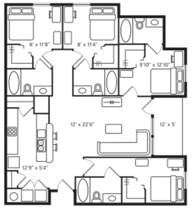 Floor plan showing multiple bedrooms and a common living area at Hill Country Place in San Antonio Student Accommodation