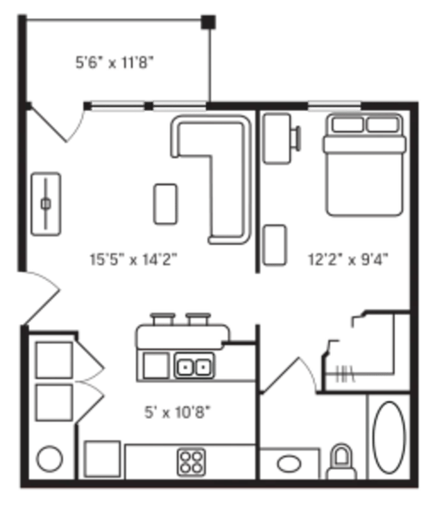 Floor plan with bedroom bathroom kitchen living room floor plan at Hill Country Place in San Antonio Student Accommodation