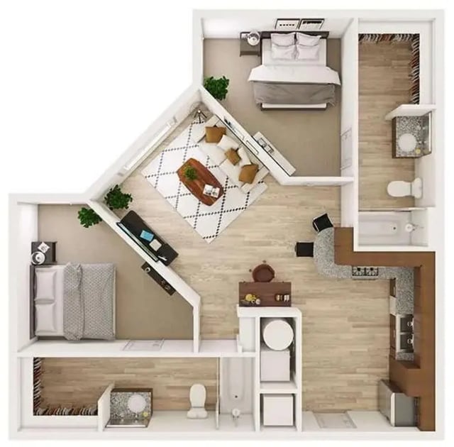 Two beds living area kitchen bathroom floor plan at Northpoint Crossing in College Station Student Accommodation