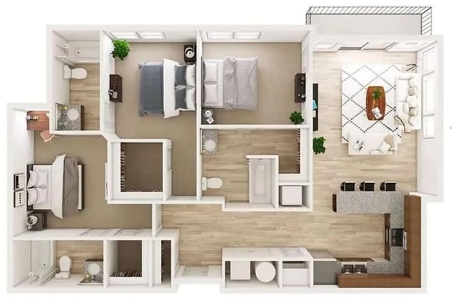 Three bedrooms living room and kitchen floor plan at Northpoint Crossing in College Station Student Accommodation